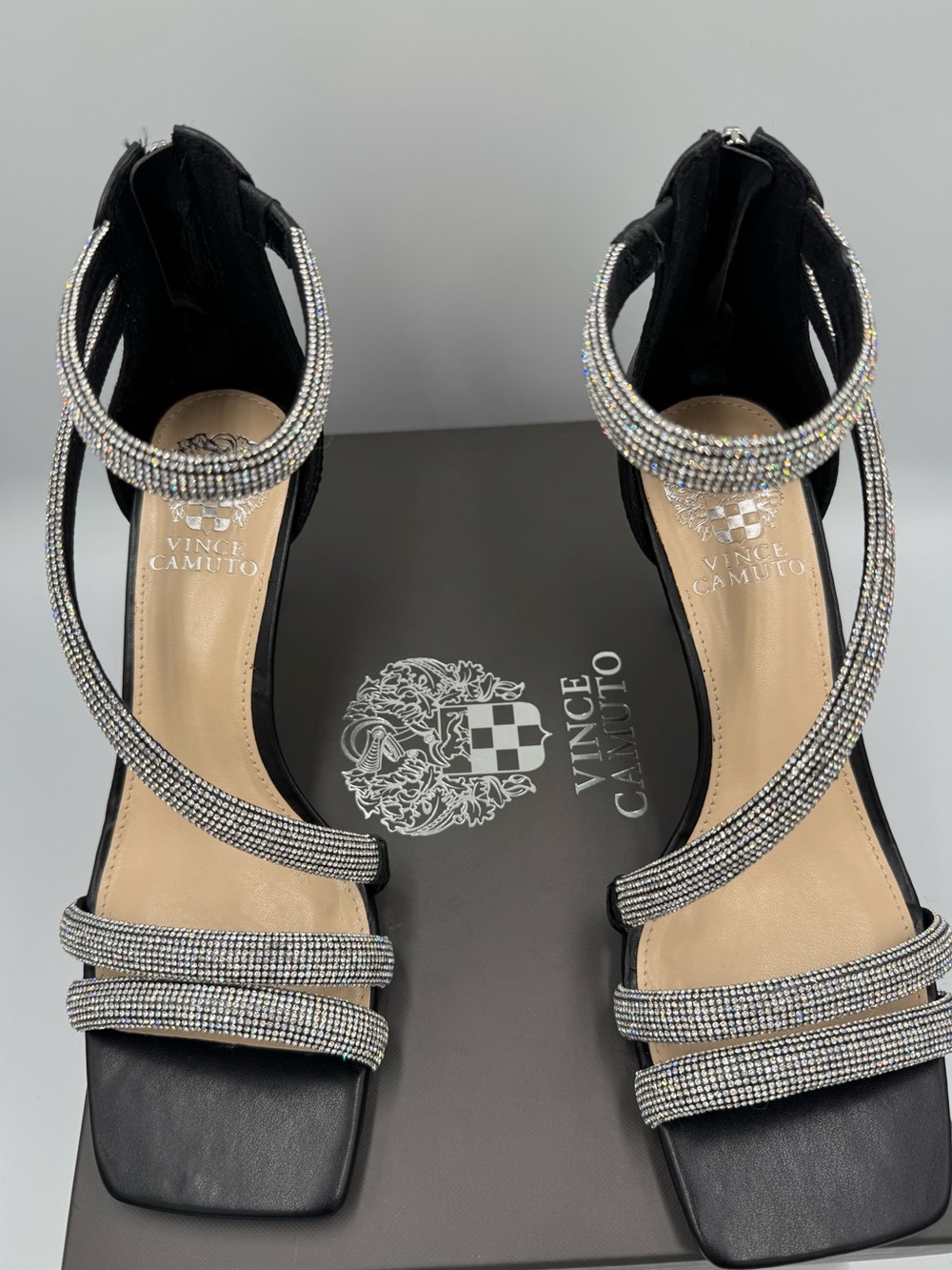 Vince Camuto Black with Sparkly โจ Rhinestone-Straps Ankle-Heels, ๐ size 8M